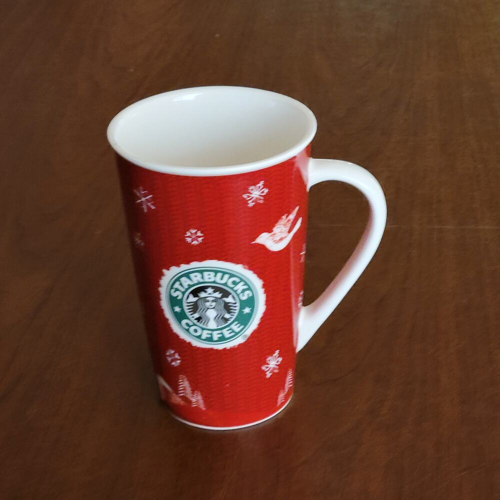 2008 Starbucks Red Holiday Christmas Tree Snowflakes Coffee Mug 16 fl. oz